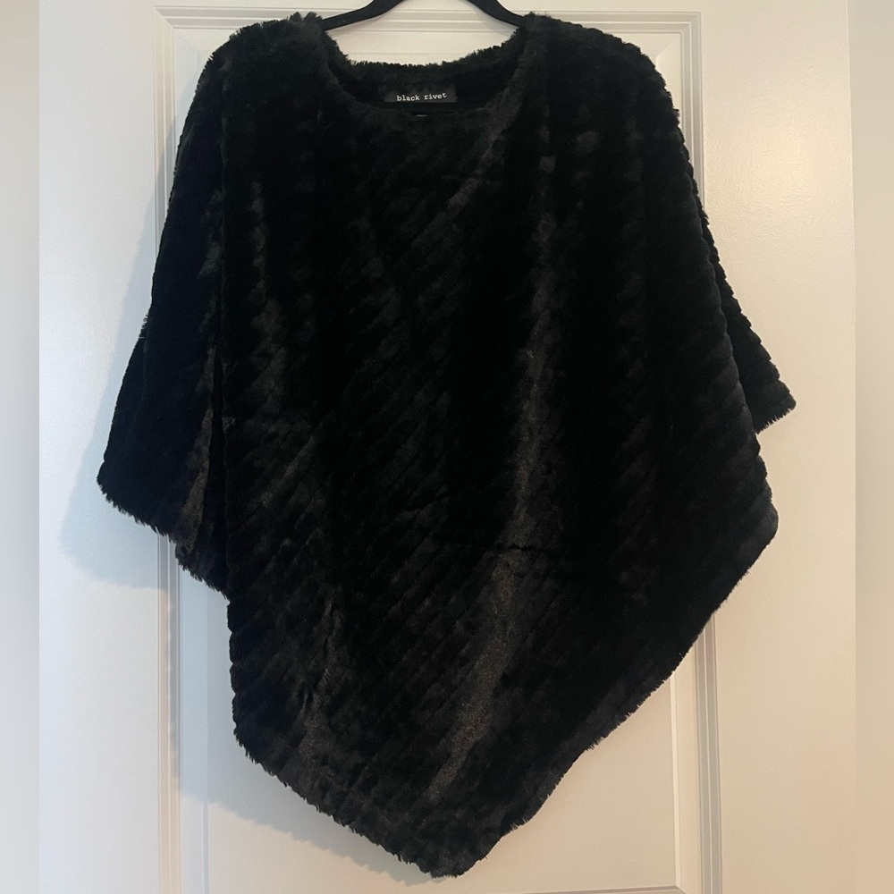 Black Rivet Plush Faux Fur Poncho Sweater